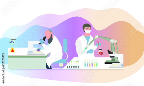 Microbiologist studying new virus and cultivating a petri dish whit inoculation loops, beside a microscope and tools of laboratory. Vector illustration of biomedical engineering. - stock vector