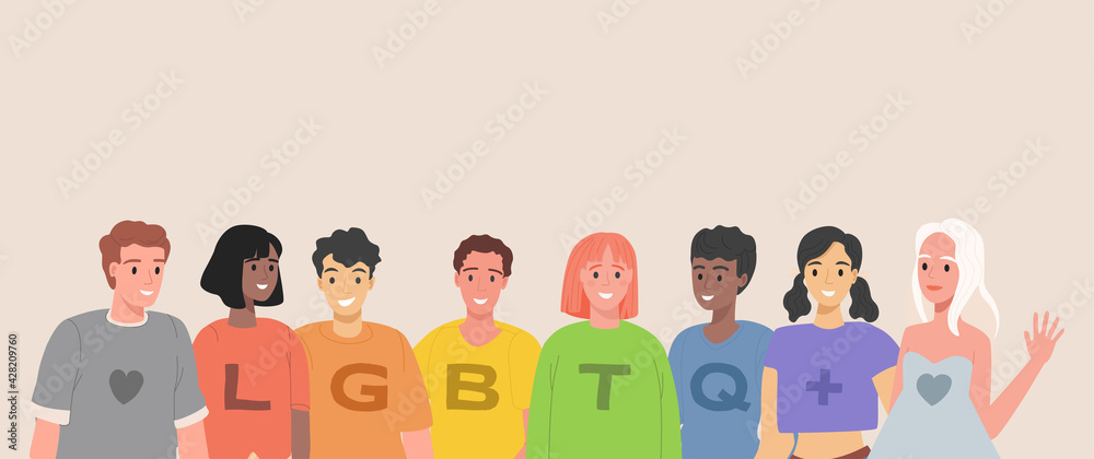 LGBTQ people vector flat illustration. Group of lesbian, gay, bisexual,  transgender, and queer happy smiling men and women in colorful rainbow  t-shirts. LGBT pride, homosexual love concept. Stock Vector | Adobe Stock