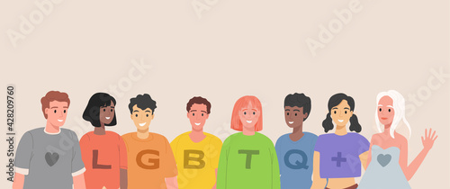 LGBTQ people vector flat illustration. Group of lesbian, gay, bisexual, transgender, and queer happy smiling men and women in colorful rainbow t-shirts. LGBT pride, homosexual love concept. photo