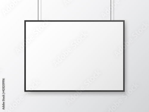 Poster mockup horizontal. White blank with frame. Empty sheet on light wall. Photo template with black border. Isolated painting with soft shadow. Vector illustration