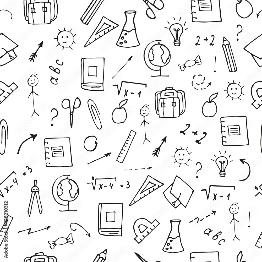 A set of school accessories. Hand-drawn seamless pattern of study supplies. Black elements on a white background A set of school accessories. Hand-drawn seamless pattern of study supplies. Black elements on a white background