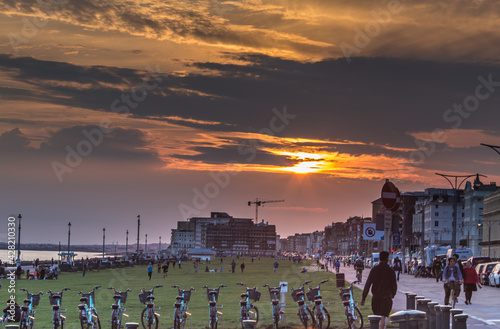 Beautiful view of Brighton Pier with Brighton beach sea.Sunset Over Brighton Beach.Between April and September, The Bandstand is available to hire for weddings and ceremonies.Brighton UK	