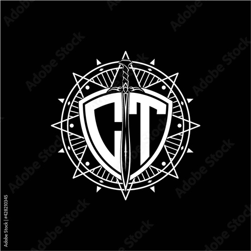 monogram initial letter CT with shield decorated with star ornament