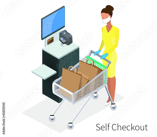 Woman in medical mask make shopping. Isometric model of Self Checkout Shop Cashier. Self service cash device in flat design with cash machine, monitor, scanner and money bill. -stock vector