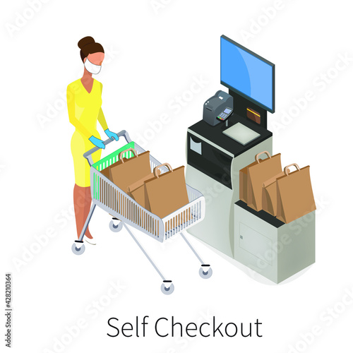 Woman in medical mask make shopping. Isometric model of Self Checkout Shop Cashier. Self service cash device in flat design with cash machine, monitor, scanner and money bill. -stock vector