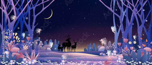 Fantasy cute little fairies flying and playing with reindeers family in magic forest at Christmas night,Vector illustration landscape of Winter wonderland.Fairytale background for bed time story cover