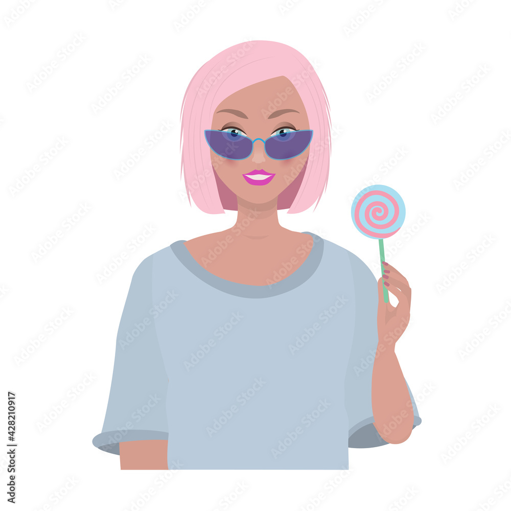 Woman with candy. Isloated vector illustration. Unhealthy eating. Girl with colorfull lollipop. Woman with candy. Isloated vector illustration. Unhealthy eating. Girl with colorfull lollipop.