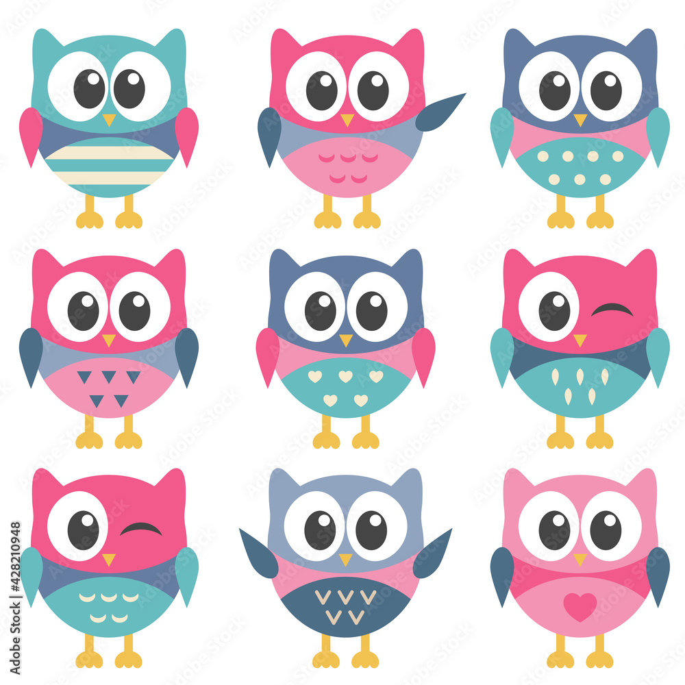 set of cute colorful owls set of cute colorful owls