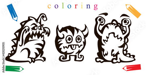 Baby coloring page. Collection of funny and cute vector monsters.Cartoon vector illustration.