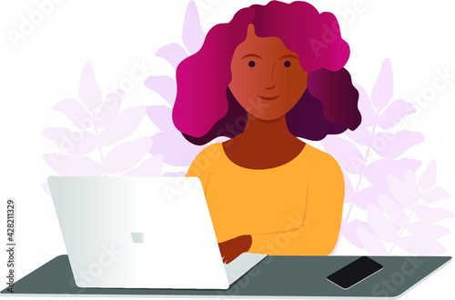 Black woman with laptop. Woman working remotely. Vector illustration