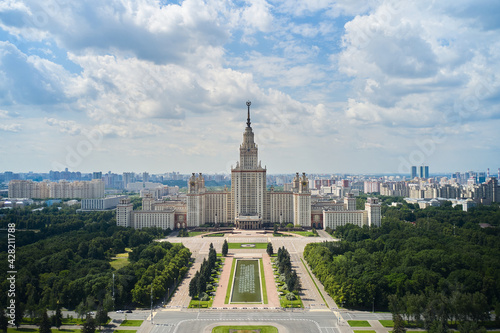 Aerial of Moscow State University. Beautiful panoramic view of MSU and Botanic Garden from Sparrow Hills