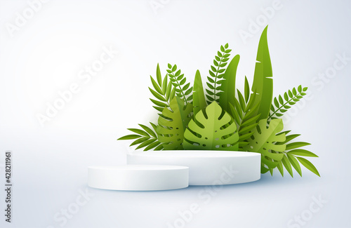 Minimal white scene with geometric shapes and green palm leaves. Cylindrical podium on a yellow background. 3D stage for displaying a cosmetic product