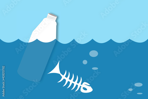 A floating plastic bottle and fish skeleton in the water of ocean or sea, river or lake. Concept illustration of water pollution, ecology issues or environmental protection
