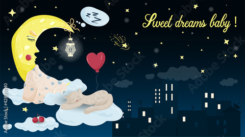 illustration in childrens flat style cartoon for childrens bedroom design decoration cat and moon moon sleep on the clouds on the background of the night city among the stars