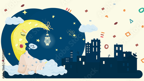illustration in childrens flat style cartoon for children's bedroom design decoration the moon moon sleeps on the clouds on the background of the city