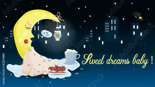 illustration in childrens flat style cartoon for childrens bedroom design decoration the moon moon sleeps on the clouds with a cup of drink and a cupcake on the background of a night city 