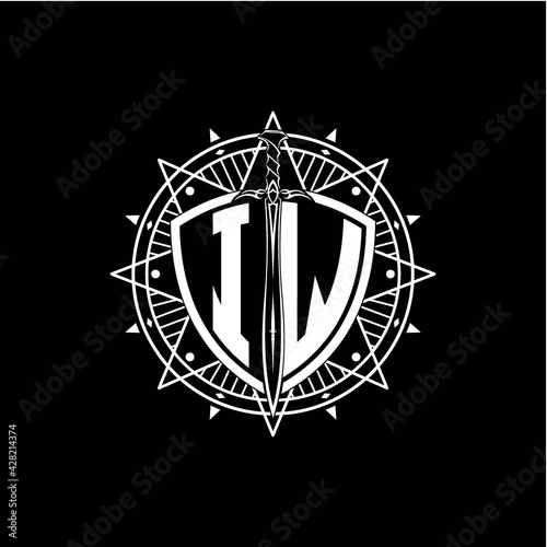 monogram initial letter IW with shield decorated with star ornament
