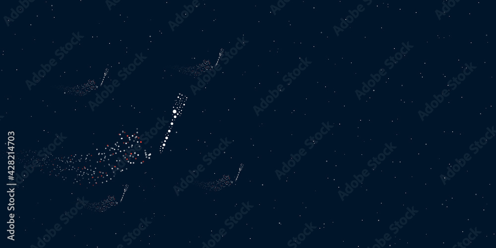 A fork filled with dots flies through the stars leaving a trail behind. Four small symbols around. Empty space for text on the right. Vector illustration on dark blue background with stars A fork filled with dots flies through the stars leaving a trail behind. Four small symbols around. Empty space for text on the right. Vector illustration on dark blue background with stars