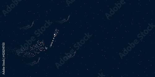 A fork filled with dots flies through the stars leaving a trail behind. Four small symbols around. Empty space for text on the right. Vector illustration on dark blue background with stars