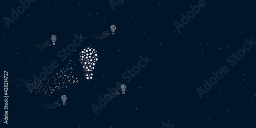A lamp symbol filled with dots flies through the stars leaving a trail behind. Four small symbols around. Empty space for text on the right. Vector illustration on dark blue background with stars