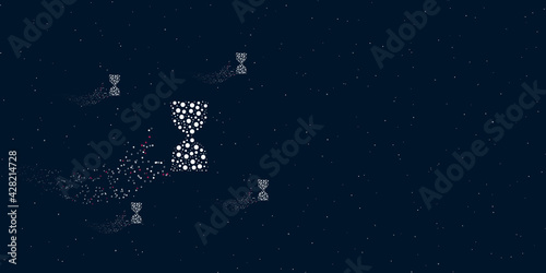 A hourglass symbol filled with dots flies through the stars leaving a trail behind. Four small symbols around. Empty space for text on the right. Vector illustration on dark blue background with stars