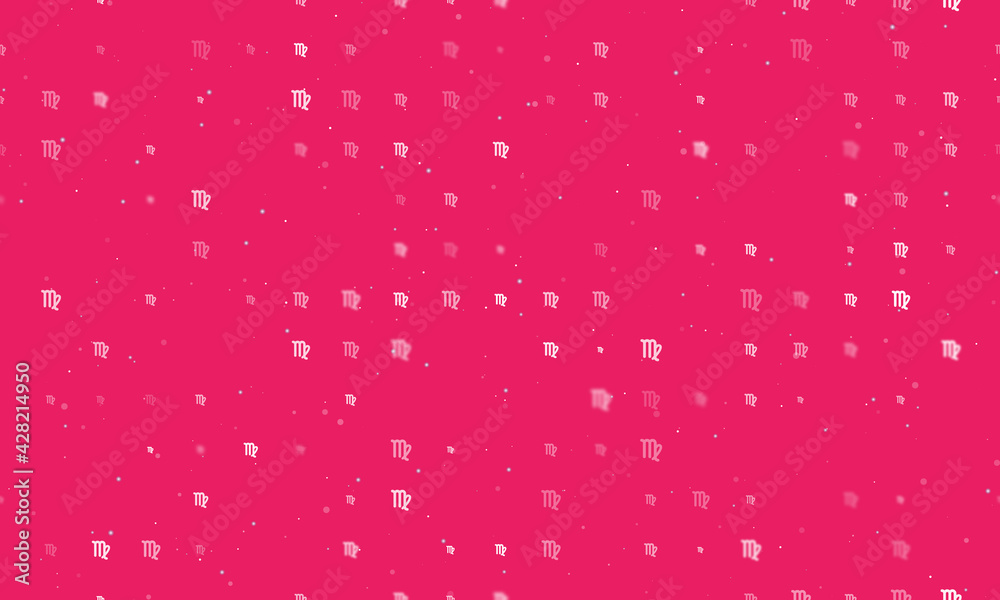 Seamless background pattern of evenly spaced white zodiac virgo symbols of different sizes and opacity. Vector illustration on pink background with stars