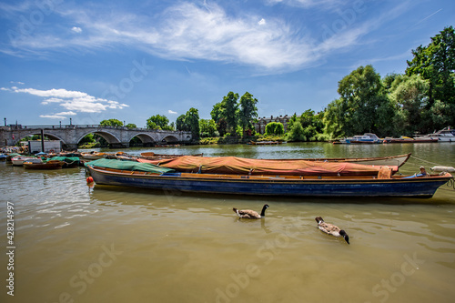 Inside out view of Rowing boats for rent under Richmond bridge at the river Thames, London, United Kingdom.