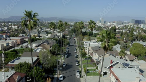 Los Angeles Aerial Drone Suburban Street In Palm Trees Flying Forward Center