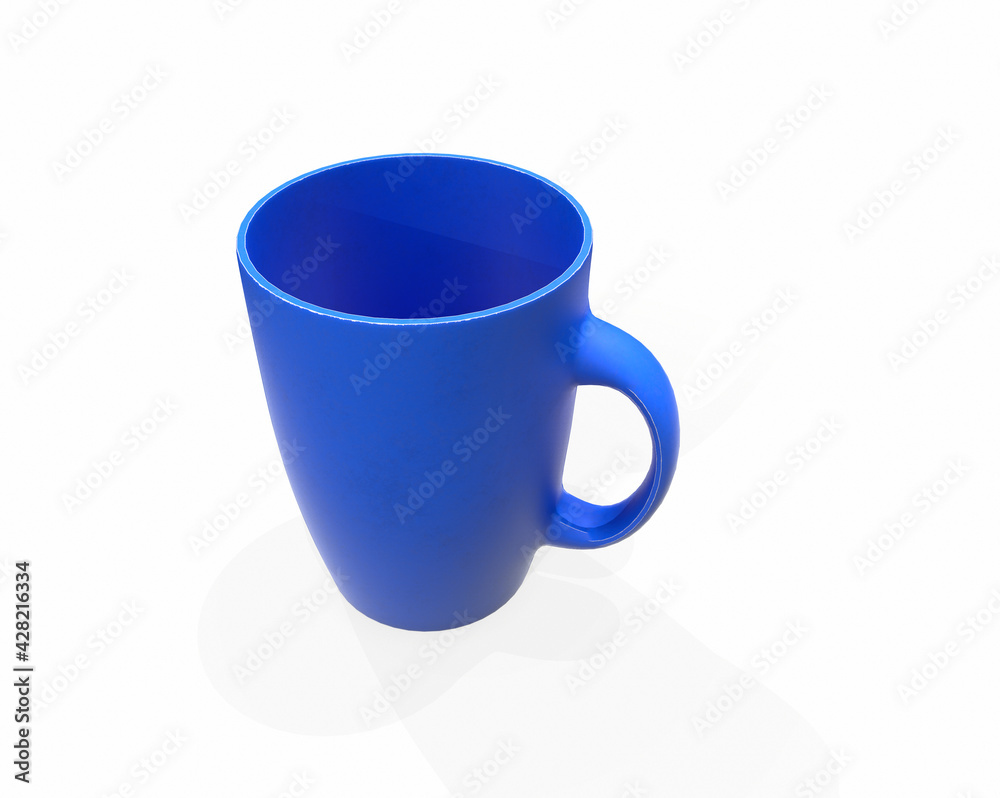 Blue blank enamel mug on bright floor. 3d rendering Blue blank enamel mug on bright floor. 3d rendering