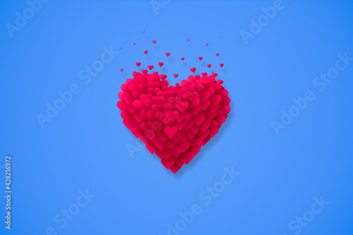 3d illustration with red hearts isolated on blue background.
