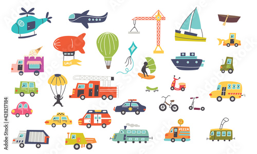 Children's car transport set. Nursery design for the map creator. Vector illustration