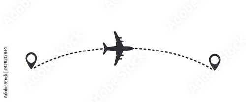 Airplane track with dotted line. Tracks of travelers are marked with dotted lines. Tracking airplane en route on white background
