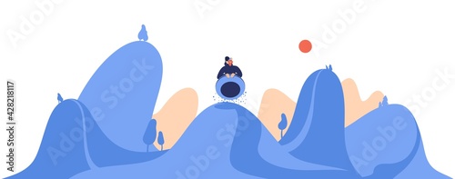 Man or woman riding snow tubing donut in winter landscape. Vector scene with blue hills, trees and active lifestyle character on white background