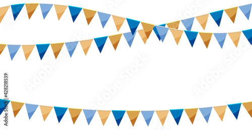 Blue gold paper bunting party flags isolated on white background.