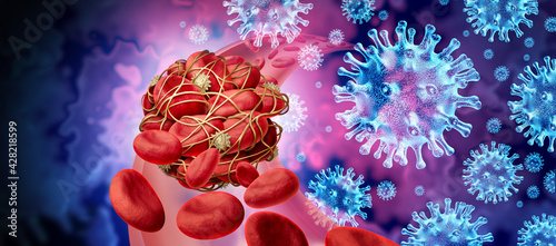 Blood clots and virus infection and Coronavirus or influenza as cells clumped together by sticky platelets and fibrin as a blockage in an artery or vein as a risk of clotting and clot concept photo
