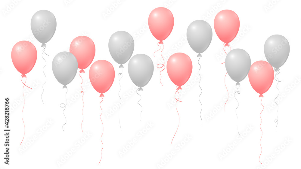 Gray and pink flying balloons isolated vector illustration, birthday party decoration elements.