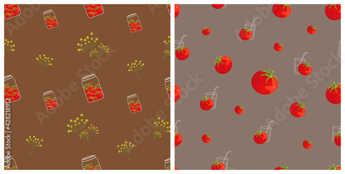 Set of patterns tomato and glass with a straw, tomatoes in a bank