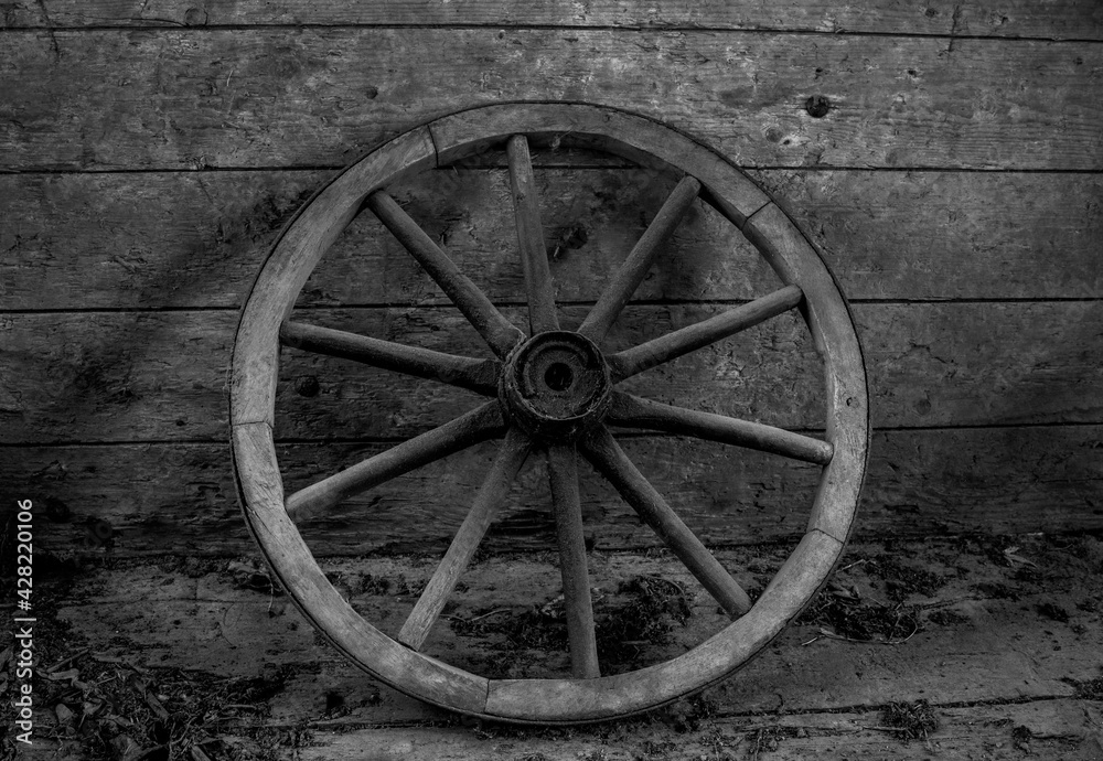 Old  vintage cartwheel against wooden wall
