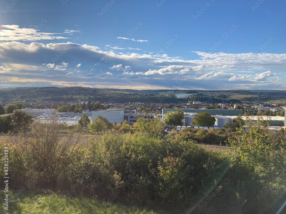panoramic view over the industrial part of marktheidenfeld under sunny sky