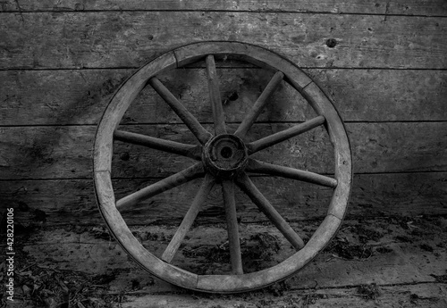 Old  vintage cartwheel against wooden wall