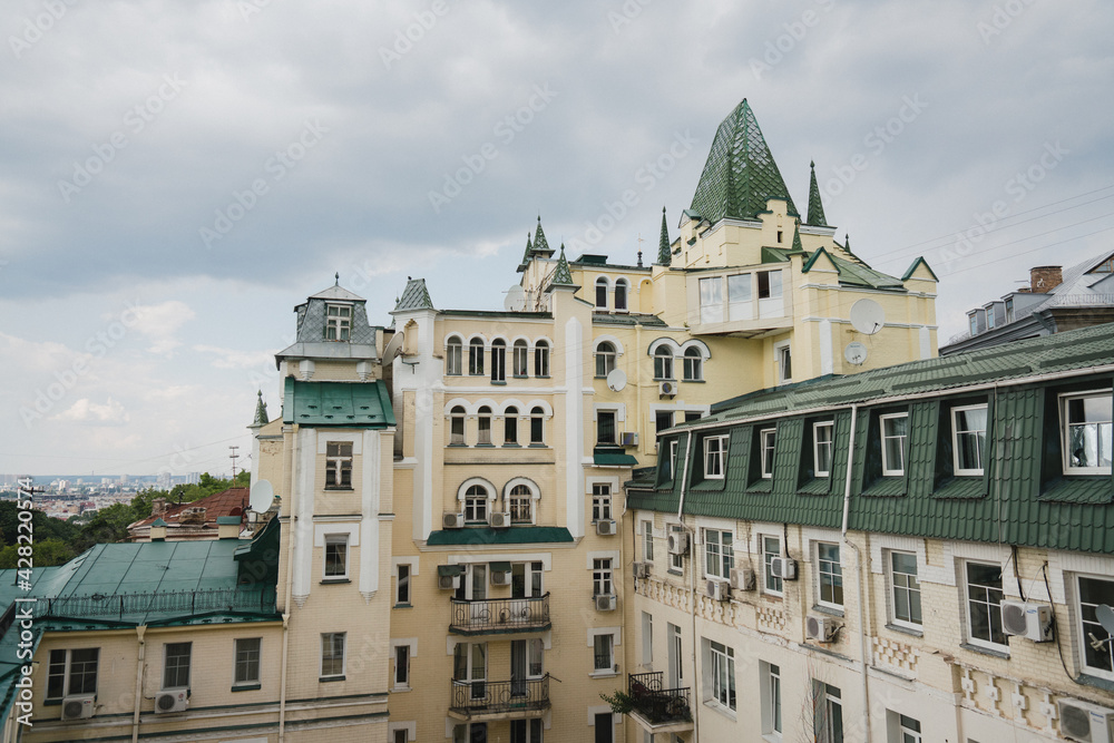Kyiv cityscape. Top view on the roofs, streets and buildings of the capital of Ukraine's city centre.