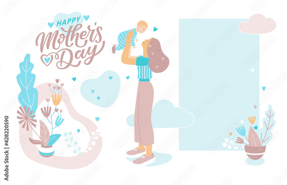 Obraz premium Hand lettering text Happy Mother's Day and Illustration of a mother holding a little baby in her arms. Floral elements, plants. Greeting card, poster, banner