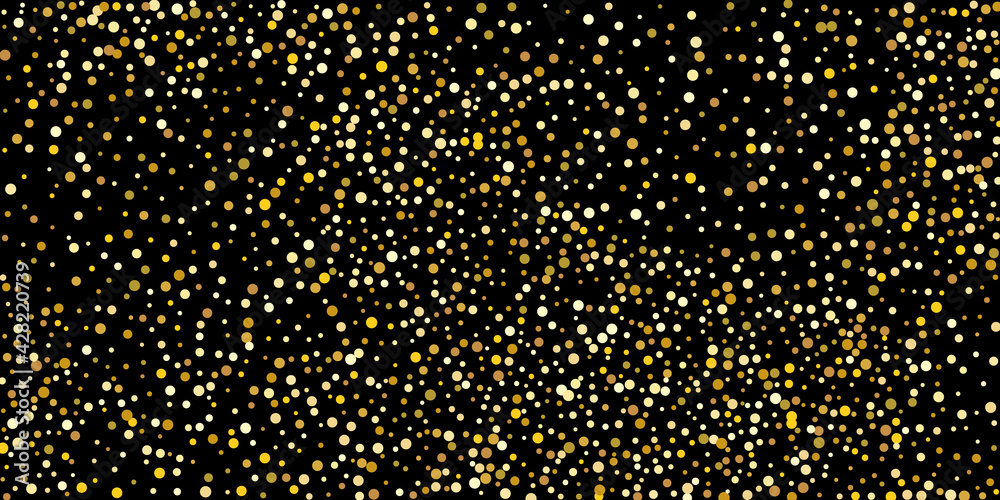 Golden point confetti on a black background. Illustration of a drop of shiny particles. Decorative element. Element of design. Vector illustration, EPS 10.