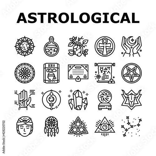 Astrological Objects Collection Icons Set Vector. Crystals And Ball, Love Potion And Tarot Cards, Sun Occult Symbol And Mystical Ornament Black Contour Illustrations