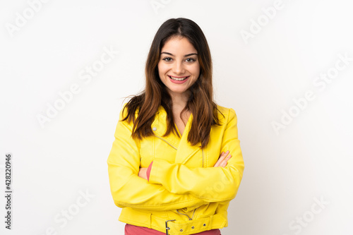 Young caucasian woman isolated on white background keeping the arms crossed in frontal position