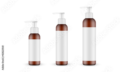 Set of Amber Cosmetic Plastic Pump Bottles with Labels Isolated on White Background. Vector Illustration