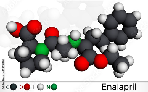 Enalapril, molecule. It is ACE inhibitor medication to treat high blood pressure, heart failure. Molecular model. 3D rendering photo