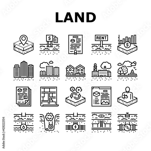 Land Property Business Collection Icons Set Vector. Land Rent And Sale, Residential Apartment And Estate, Public And Recreational Zone Black Contour Illustrations