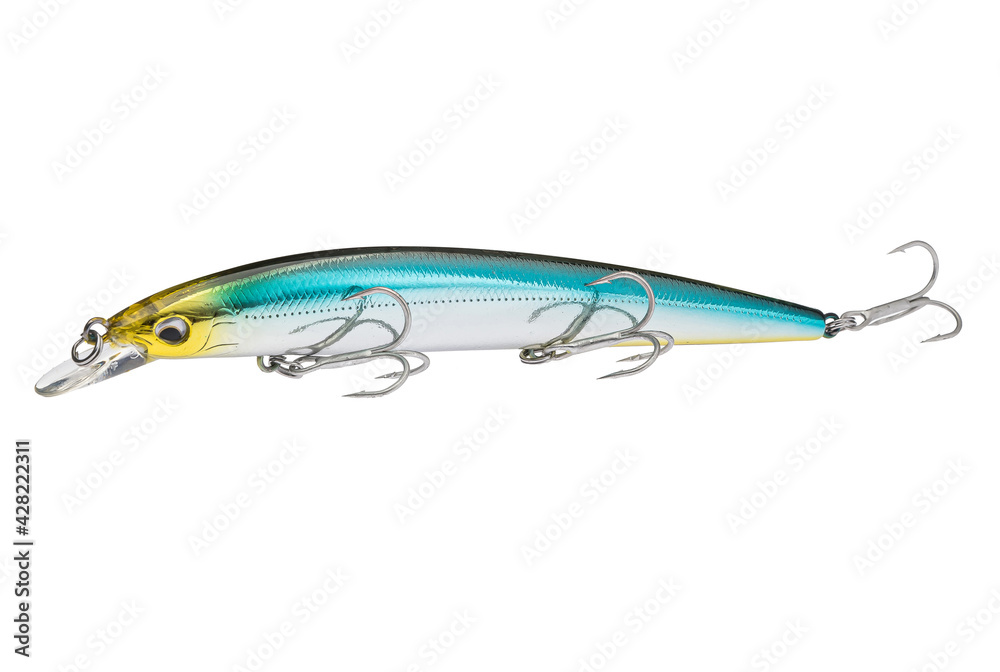 Wobbler with hooks for fishing as bait for fish, which is used for spinning. Fishing tackle for a fisherman. Wobbler with hooks for fishing as bait for fish, which is used for spinning. Fishing tackle for a fisherman.