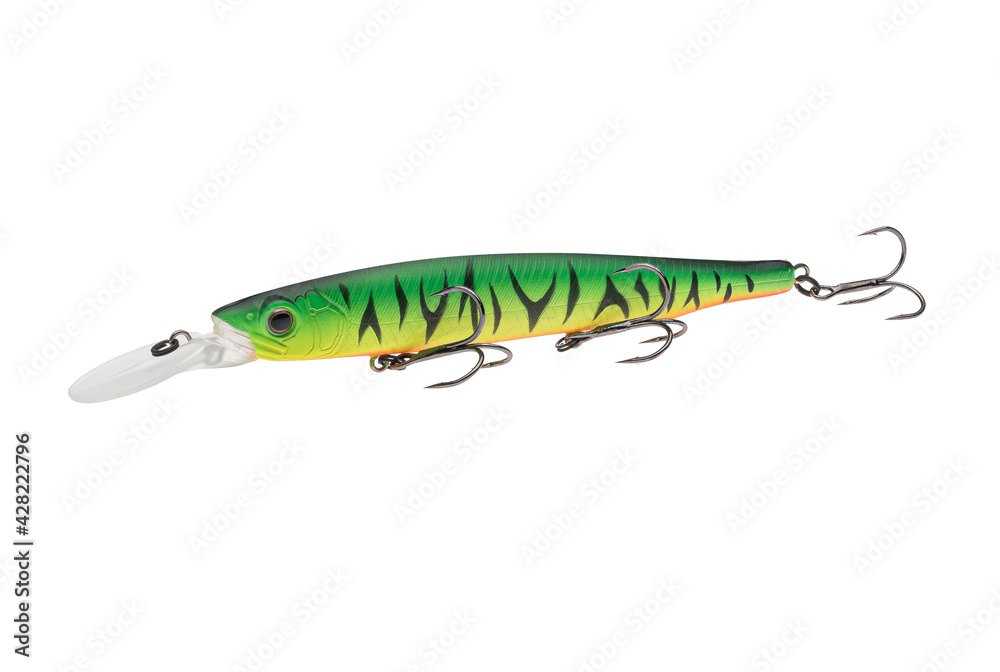 Wobbler with hooks for fishing as bait for fish, which is used for spinning. Fishing tackle for a fisherman.